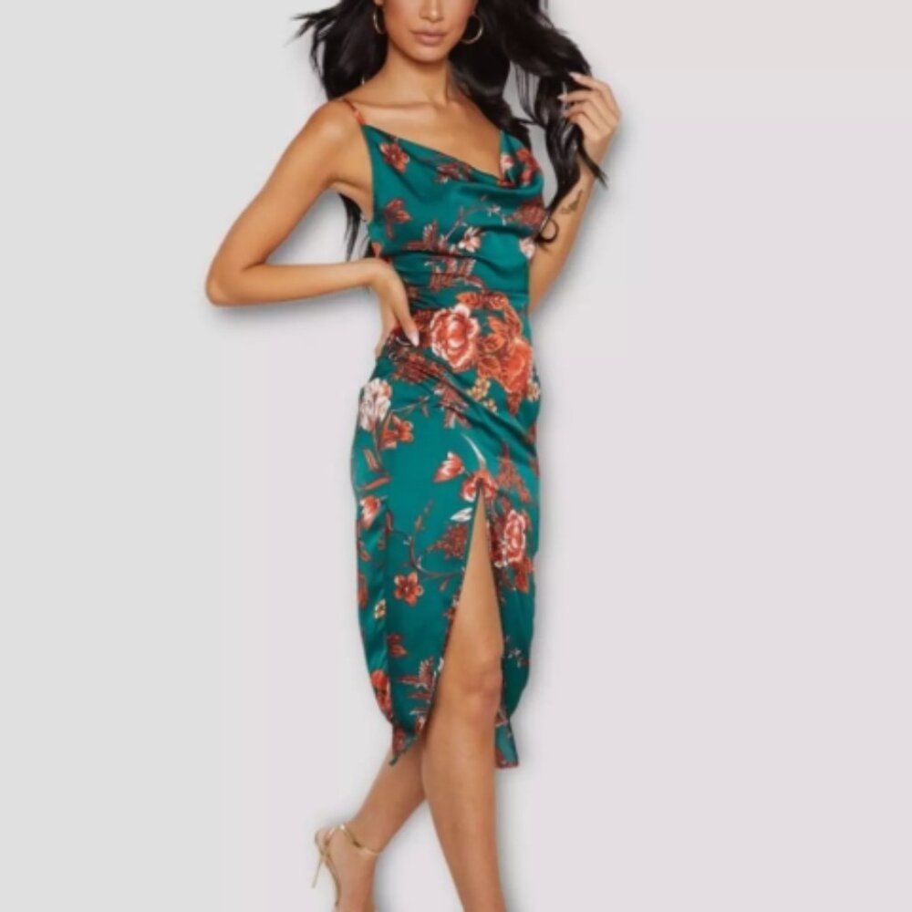 SHEIN Women’s Floral Print Ruched Split Thigh Satin Cami Dress Woman Large NWOT